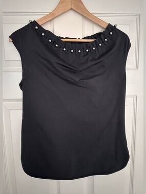 Per Se Dark Grey Studded Ruffle-Neck Top, Size S